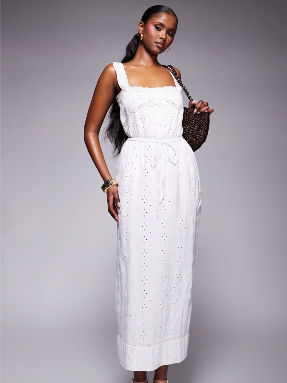 ASOS White Eyelet Maxi Dress with Tie Waist